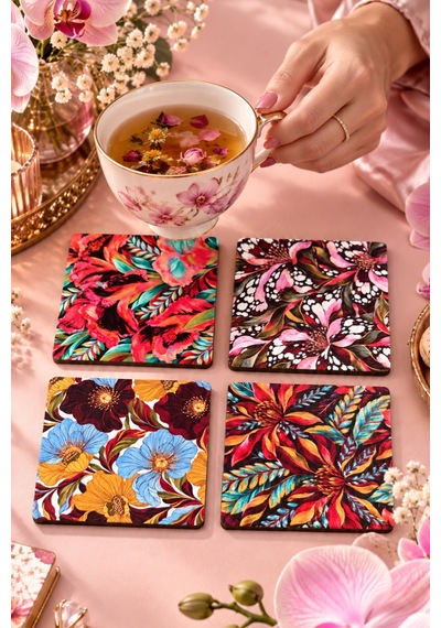 Tropical Orchid Egzotik Çiçek Desenli Temalı 4 Lü Bardak Altlığı Set 9 Cm, 3 Mm Ahşap Mdf, Dijital Baskı - 933746217 Diğer