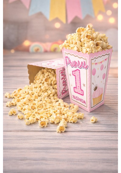 1 Yaş Doğum Günü Prenses Temalı Popcorn Patlamış Mısır Kutusu 8 Adet Parti İkram Sunum