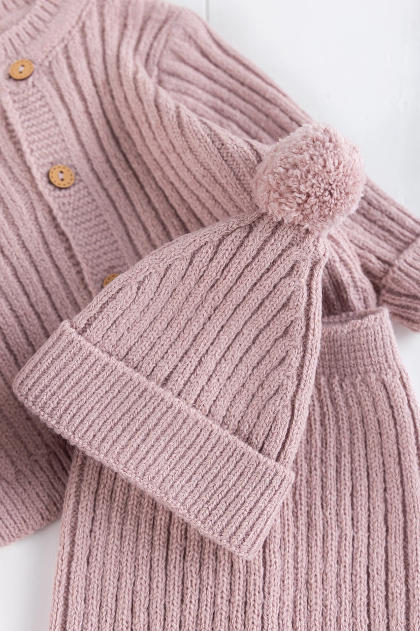 Babymod Triko Hırkalı Bereli Unisex Kışlık Şapkalı Bebek Takım Gülkurusu