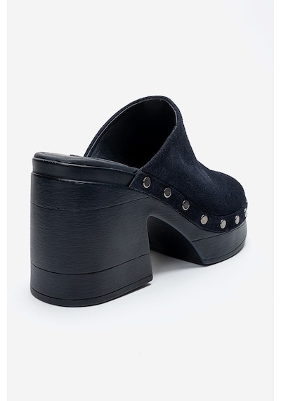 Luvishoes Bellune Lacivert Süet Hakiki Deri Perçin Detaylı Kadın Kalın Topuklu Terlik