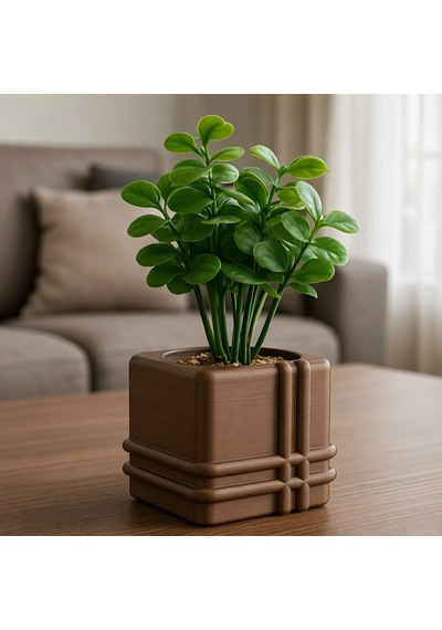 3d Baskı Square Planter - Izgara Desenli Küp Saksı-kahverengi
