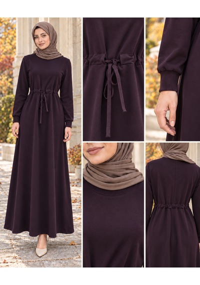 Sevitli Beli Tünelli İki İplik Elbise-mürdüm-6005