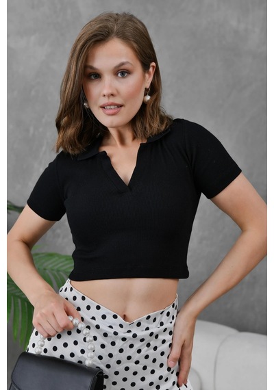 Park Karon Kadın Siyah Polo Yaka Basic Crop Body Siyah