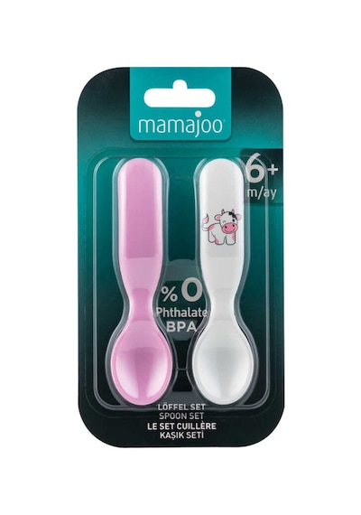 Mamajoo Ergonomik Beslenme Kaşık Seti Pembe & İnek, 6 Ay+ İkili