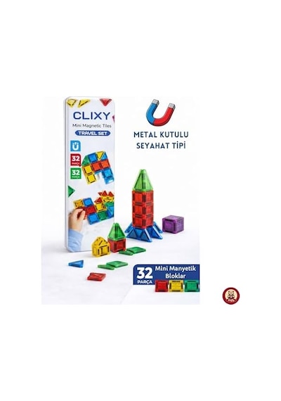 Manyetik Yapı Blokları - 32 Parça Seyahat Tipi Mini Bloklar Metal Saklama Kutulu Çanta Boy Renkli