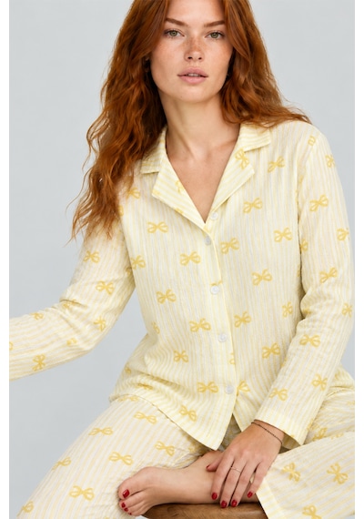 Kadın Çizgili Fiyonk Desenli Sarı Uzun Kollu Pijama Takımı 4796