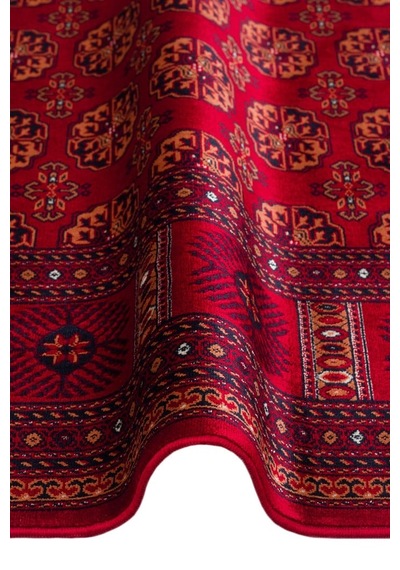 Eko Halı Herat Her 03 Red Afgan Desenli Viskon Sıkı Dokuma Kaymaz Tabanlı İnce Makine Halısı Krem - Kırmızı