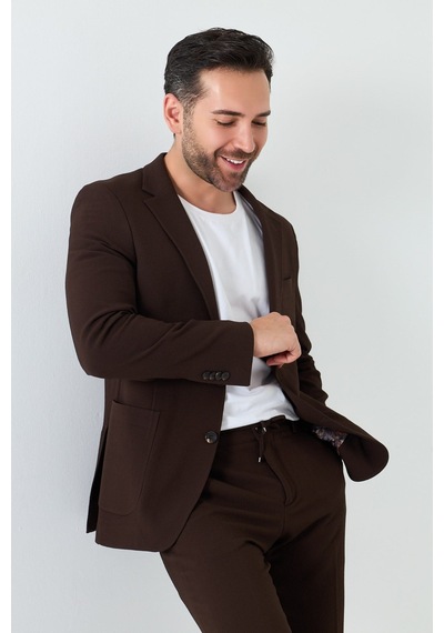 Kahverengi Mono Yaka 6 Drop Regular Fit Jogger Takım Elbise Kahve