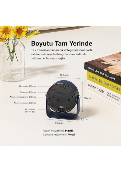 Valkyrie Sessiz Çalışan Mini Masa Saati / Akıcı Mekanizma, Gece Işıklı, Şık Dekoratif Lacivert
