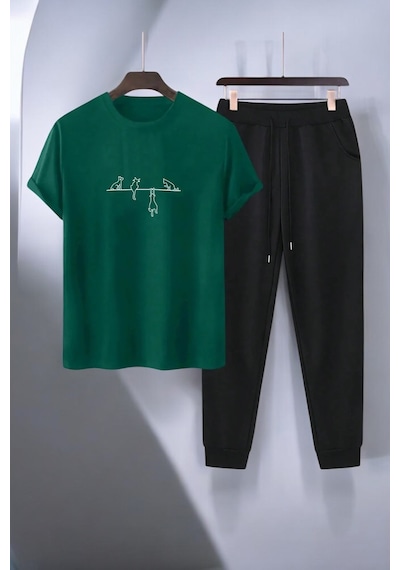 Uyguntarz Unisex Yaramazlık Yapan Kediler Tasarım Basklı Tshirt Eşofman Takımı Yeşil