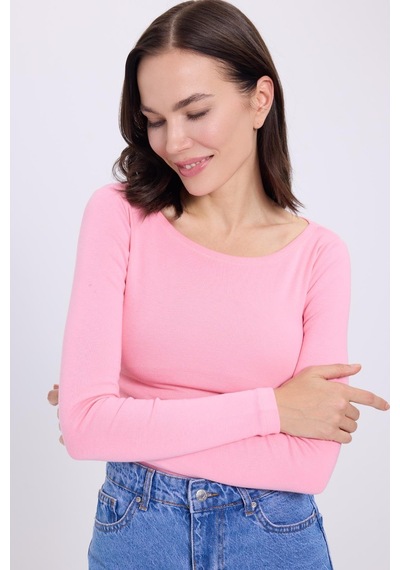 Tudors Kadın Slim Fit Dar Kesim Pamuklu Modal Kumaş Uzun Kollu Kayık Yaka Pembe Bluz-38883 Pembe