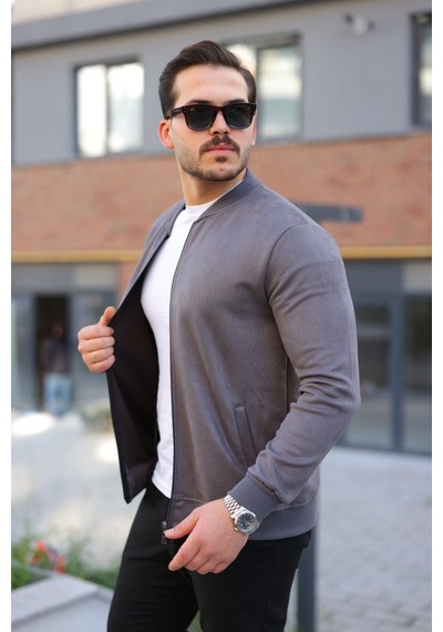 Efnaz Style Erkek Scuba Süet Kumaş Bomber Hırka Antrasit