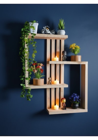 Delmeden Montaj Ahşap Duvar Rafı - 60x50 Cm Çift Taraflı Bant Uyumlu Modern Raf Bej
