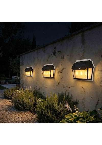 Tr Pt-2933 3lü Solar Led Duvar Lambası - Sarı Işık Ve Hareket Sensörlü Bahçe Aydınlatması