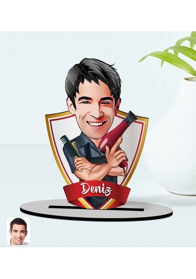 Kişiye Özel Isimli Erkek Kuaför Karikatürlü Ahşap Biblo Model-1