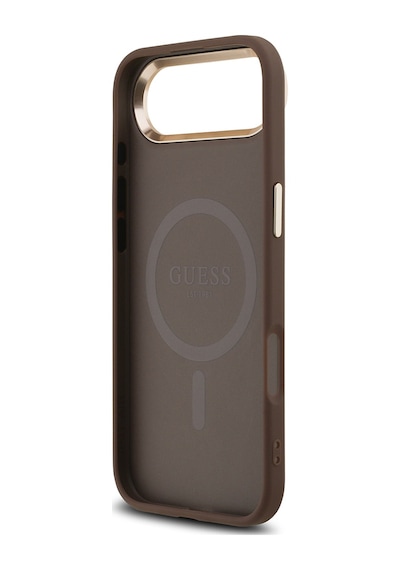 Apple Uyumlu iPhone 17 Air Kılıf Guess Lisanslı M-safe Şarjlı Gold Metal Kamera Çerçeveli Taşlı Üçgen Logo Kahve