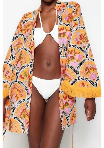 Ersefa Moda Dokuma Regular Kalıp Crop V Yaka İspanyol Kol Vual Basic Çiç Turuncu