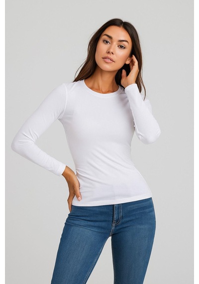 Kadın Beyaz Bisiklet Yaka Slim Fit Basic Tişört - Uzun Kollu Pamuklu T-shirt Bluz Çok Renkli