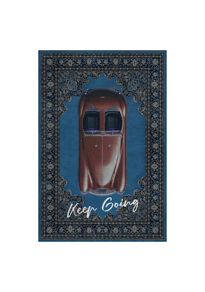 Retro 102 Mavi Gri Vintage Retro Araba Keep Going Yazılı Tasarım Halı Salon Oturma Ev Oda Halısı