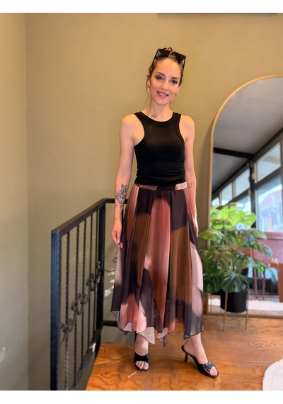 Ali Butik Kahve Batik Desen Asimetrik Şifon Etek