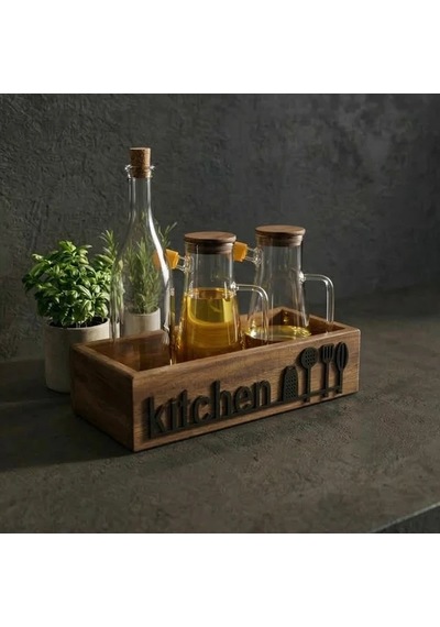 Ahşap Mutfak Organizeri Yağdanlık Standı Kitchen Yazılı Tezgah Üstü Şişe Düzenleyici