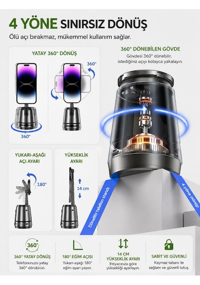 Aı Yüz Takipli Akıllı Gimbal 2000mah Kablosuz Şarjlı 360 Otomatik Dönen Telefon Tutucu