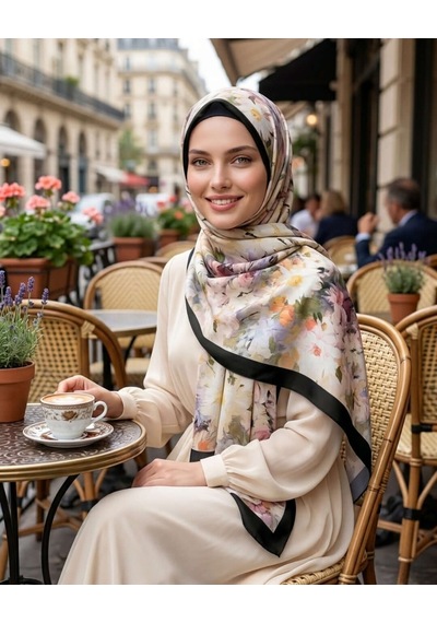 Moda Nuda Desenli Bambu Kraş Şal Siyah Çiçekli - Mira İpek