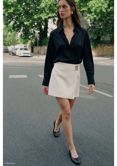 Sateen Şort Etek - Ekru-137791