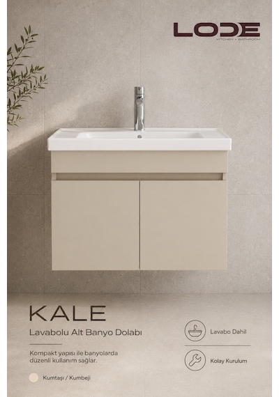 Lode Bath Kale Demonte Lavabolu Alt Banyo Dolabı, Seramik Lavabo Dahil 70 Cm Kumtaşı