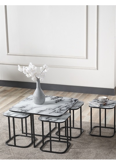 Pelikan 4+1 Beyaz Mermer Temperli Cam Siyah Metal Ayak Takım Sehpa Sedaş Living Units Sehpa