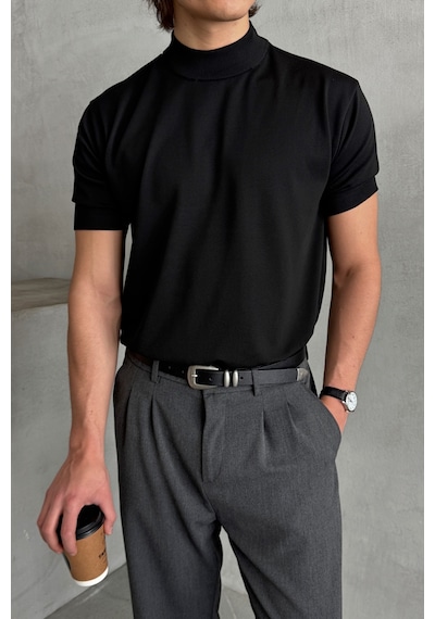Erkek Oversize Yarım Balıkçı Triko T-shirt Siyah