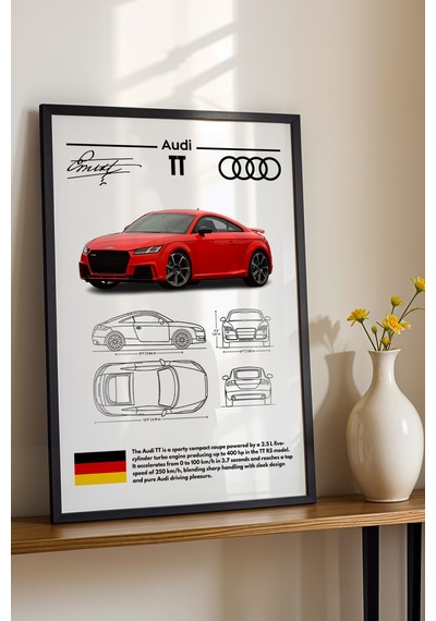 Audi Tt Tablo - Teknik Özellikli Alman Spor Coupe Poster - Çerçeveli Duvar Dekoru - Araba Blueprint Siyah
