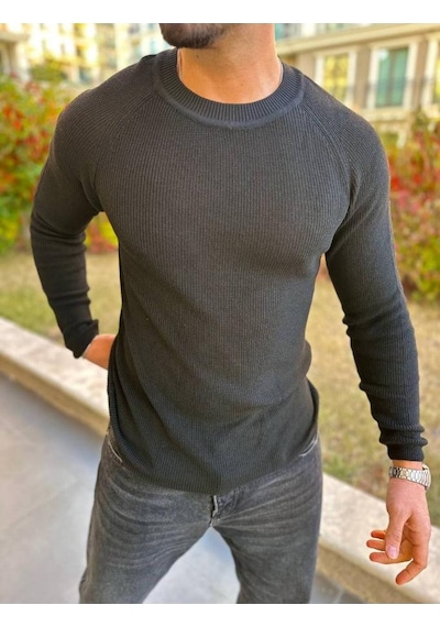 Kazak Slim Fit Naturel Örme Pamuk Bisiklet Yaka Tüylenmeyen Triko Dar Kesim Body Kazak Ekru