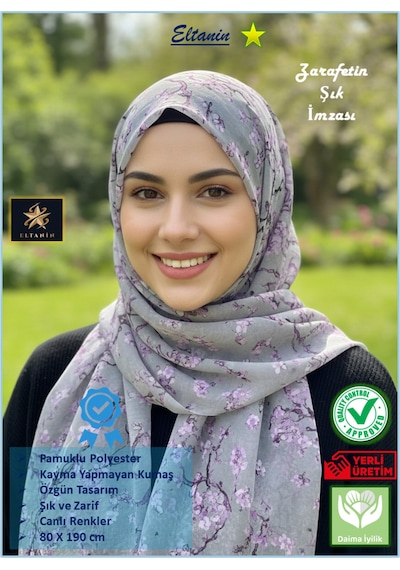 Eyfel Pamuklu Soft Özel Seri Şal Etnik & Çiçekli Desen, Orjinal, Tesettür Giyim, Yeni Koleksiyon Gri