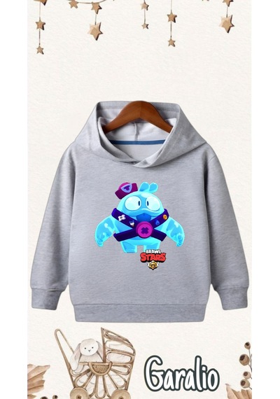 Startmore Brawn Stars Squeak Baskılı Kapüşonlu Çocuk Sweatshirt Gri