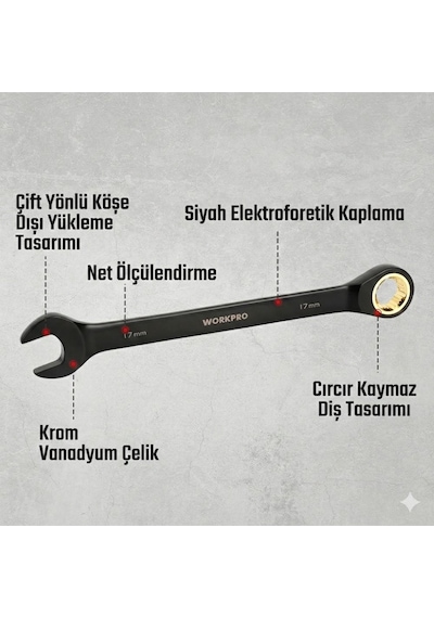 Workpro Wp202602 8-19mm 9 Parça Cr-v Profesyonel Cırcır Kombine Anahtar Takımı + Bez Taşıma Kılıfı