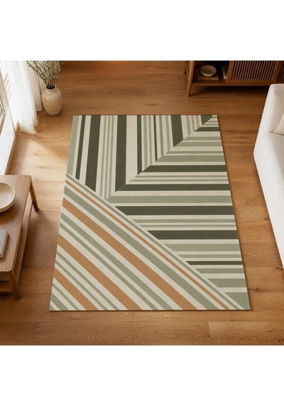 Kartela Halı Çizgili Blok Desenli Modern Halı Adaçayı Yeşili Kaymaz Taban 80x120 Cm