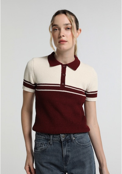 Colin's Colins Slim Fit Polo Yaka Çizgili Kadın Bordo Kısa Kol Kazak Cl1081963 Q1.v1 Bur Burgundy