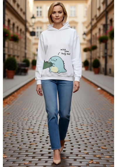 Ersefa Kadın Oversize Kapüşonlu Sweatshirt Sırt Baskılı Sevimli Dinozor beyaz