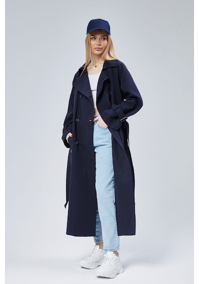 Kadın Oversize Kuşaklı Trençkot Lacivert