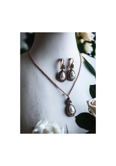 Kristal Taşlı Antik Bronz Su Damlası Kolye Ve Küpe Seti 5419004