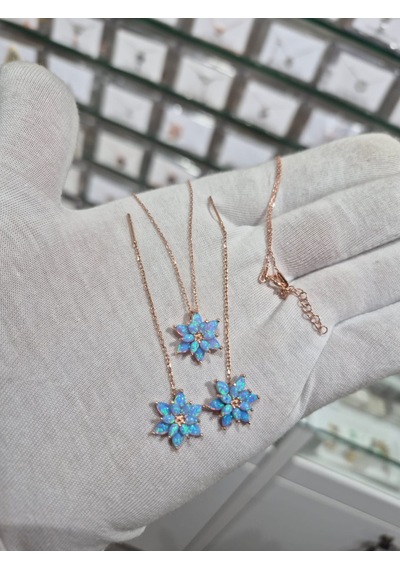 925 Ayar Papatya Silver Turkuaz Opal Küpe,kolye Set.opal Takım.manolya Set.rose.gold.rodaj Gümüş
