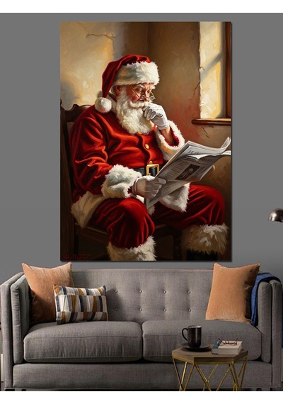 Gazete Okuyan Nostaljik Noel Baba Dekoratif Kanvas - Mdf Ahşap Tablo