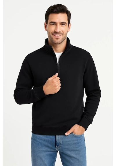 Erkek Dik Yaka Sweatshirt Dik Yaka Yarım Fermuarlı 3 İplik Pamuk Kumaş - Siyah