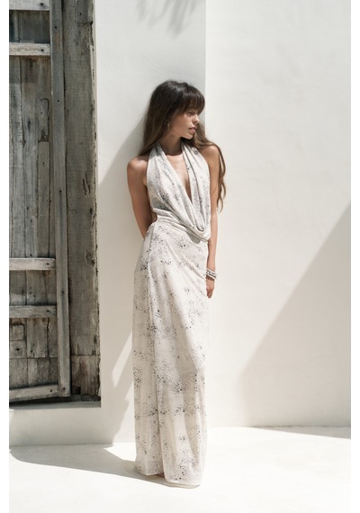 Mai Studios Co. Mai Collection Galagher Degaje Bej Uzun Elbise Bej