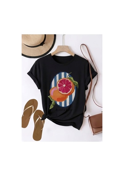 Kadın İtalyan Esintili Portakal Baskılı Comfort T-shirt Siyah