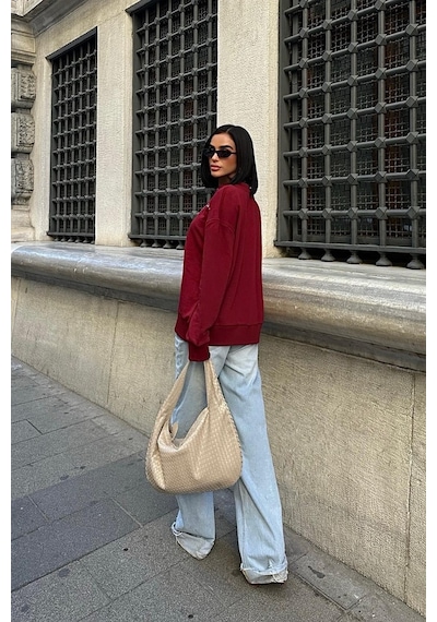 WeShaya Kadın Bordo Pamuklu Taşlı Oversize Sweatshirt Bordo