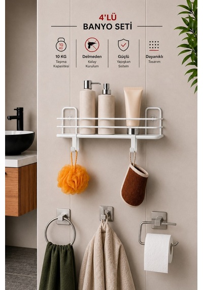 Sas Haus Banyo Düzenleyici Set 4 Parça Yapışkanlı Şampuanlık Tuvalet Kağıtlığı Havluluk Askı Tss-01 Beyaz