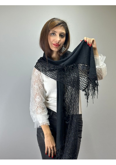 Gönülden Tasarım 170x45 Cm Siyah Triko Parlak Püsküllü Kadın Fular Şal Renkli