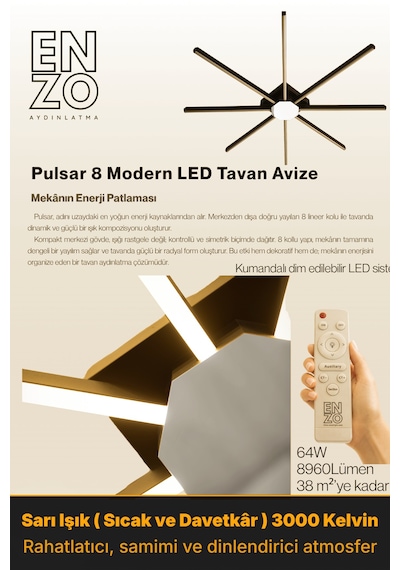 Pulsar Modern Led Tavan Avize - Aşağı Işık Kumandalı Dim Edilebilir Sarı Işık